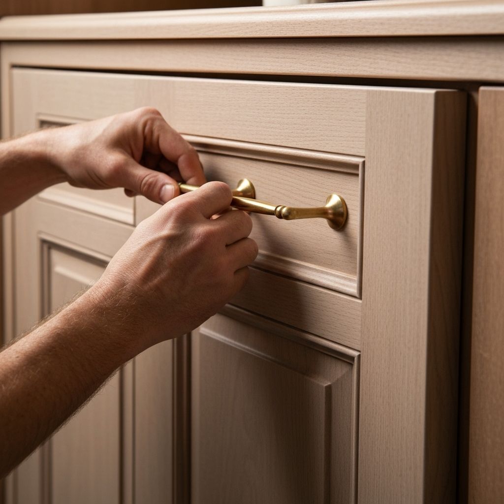 Skilled craftsman installing custom cabinet hardware in St. Augustine kitchen remodel